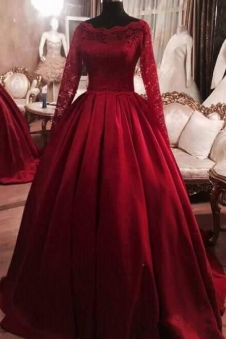 Wine Red Princess Ball Gown, Lace Long Sleeves, Evening Dress