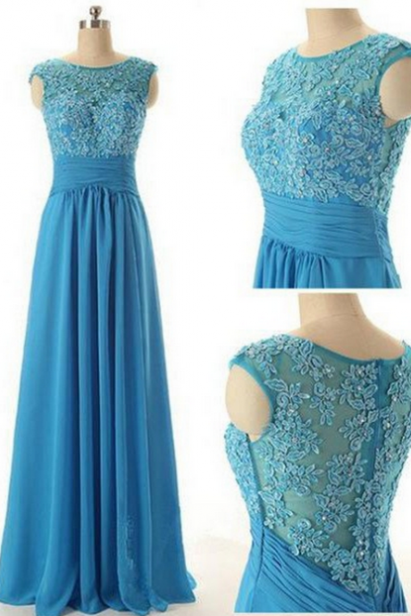 Blue Long A-Line Zipper Appliques Chiffon Prom Dresses