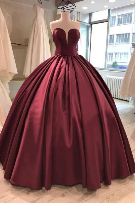 Glamorous Ball Gown Sweetheart Burgundy Satin Long Prom Dress With Pleats