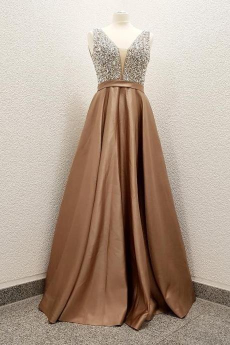 Sparkly Sequins Top Champagne Long Prom Dress, Elegant Evening Dresses
