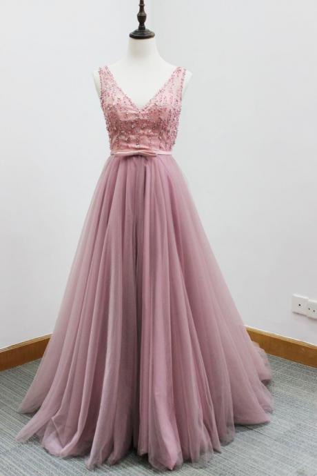 Beaded Embellished Plunge V Sleeveless Floor Length Tulle A-line Prom Dress Featuring Beaded Embellished Belt And Open Back