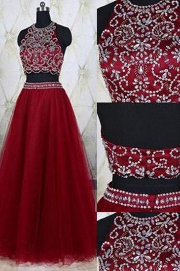 A-line/princess Sleeveless Jewel Tulle Beading Floor-length Two Piece Dresses