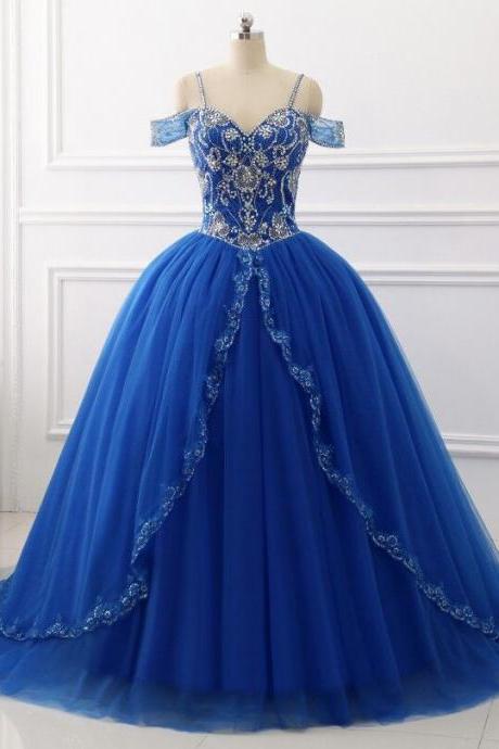 Ball Gown Quinceanera Dresses Tulle Sweet Princess Dresses Sequins Beaded Sweep Train Prom Dress
