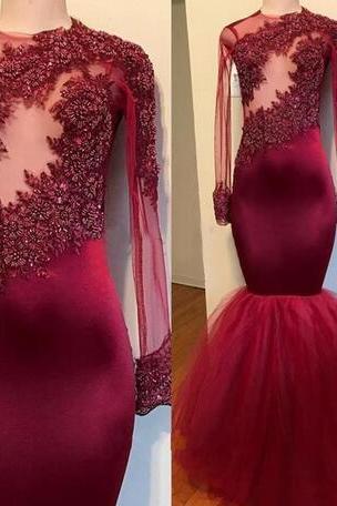 Gorgeous Beaded Burgundy Long Sleeve Prom Dresses Illusion Elastic Satin Mermaid Evening Dress