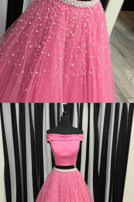 two piece off the shoulder watermelon long prom dress, 2018 prom dress with white pearls