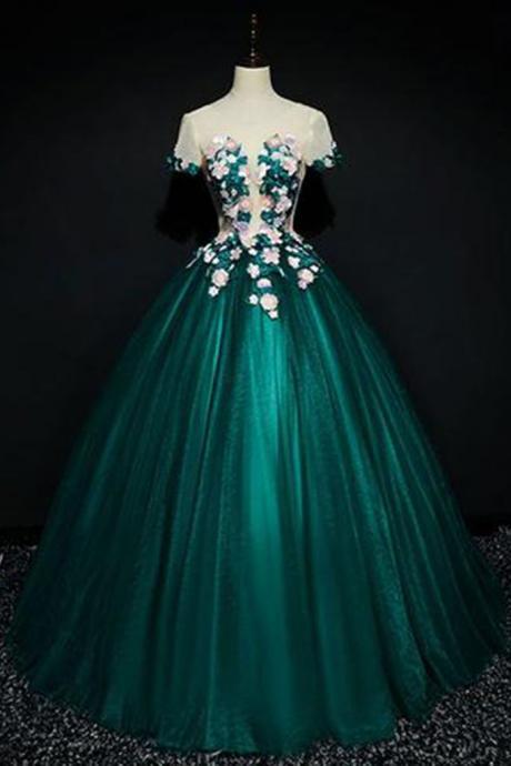 Dark Green Satin, Short Sleeves, A-line Evening Dress With Flower Appliqués, Long Handmade Formal Prom Dresses,sexy Custom Made , Fashion, Party