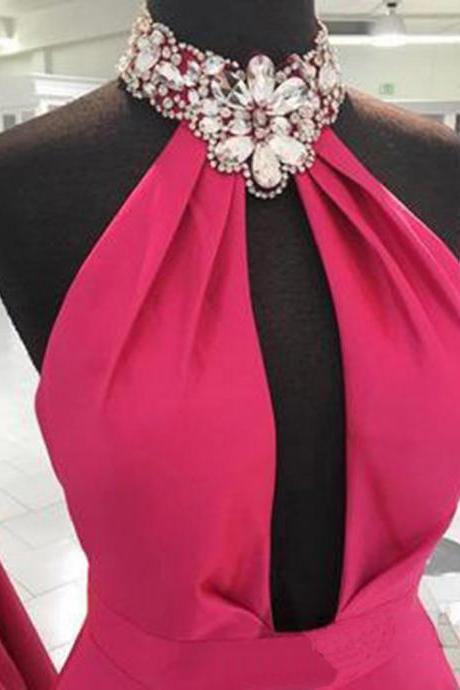 Hot pink satin ,hollow out ,long backless ,long beaded neck evening dress, party dress,Party Dress,Sexy Custom Made ,New Fashion