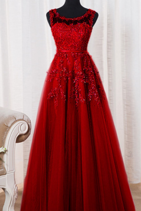Dark Red Tulle Evening Dresses, A-line Round Neckline Formal Gowns, Charming Prom Dress,