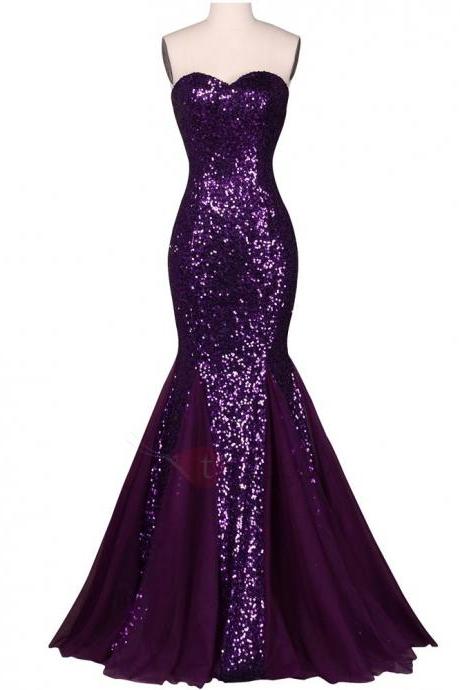 Grace Purple Sequins Mermaid Prom Dress,Sweetheart Sleeveless Party Dress
