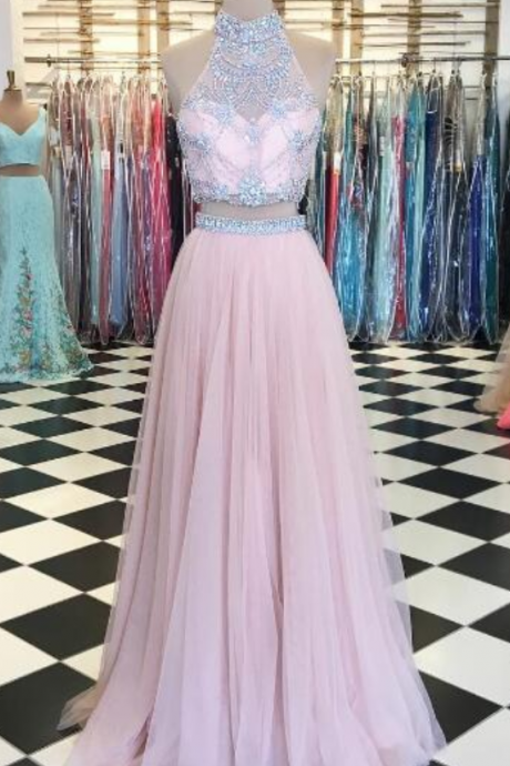 High Neck Prom Dress, Pink Prom Dress, Tulle Prom Dress, A Line Prom Dress, Beaded Prom Dress, Real Photo Prom Dress, Two Piece Prom Dress,