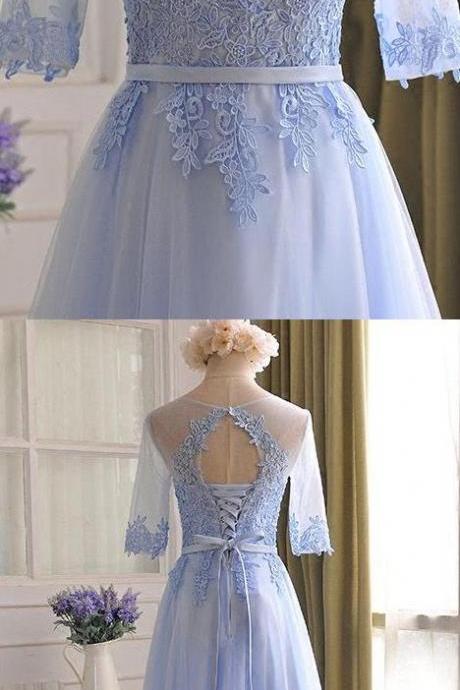 Customized A-line/princess Prom Evening Dresses Long Light Blue Dresses With Lace Up Applique Floor-length Appealing Prom Dresses