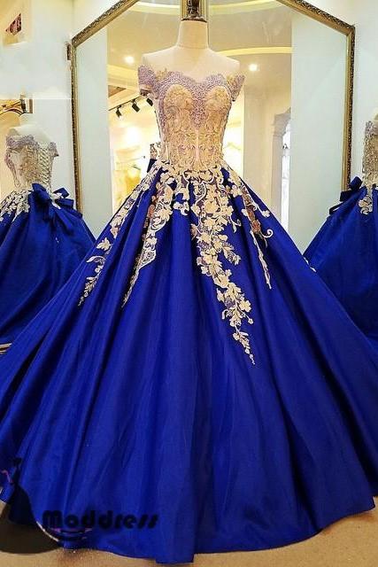 Royal Blue Prom Gown,Applique Prom Dress,Off the Shoulder Prom Dresses,Long Prom Dress A-Line Evening Dress,Ball Gown Prom Dress,Quinceanera Dress
