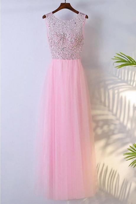 A-line Pink Sleeveless Tulle Prom Dress With Beaded Sequins,cute Bling Evening Dress