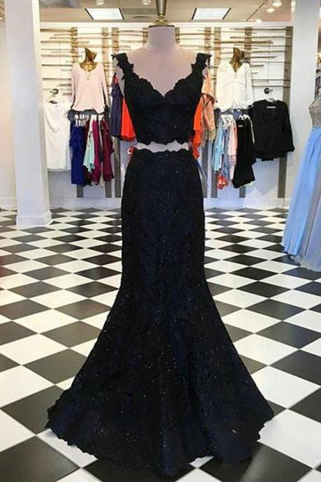 Elegant Black Lace Mermaid Prom Dresses Formal Two Pieces Prom Party Gowns