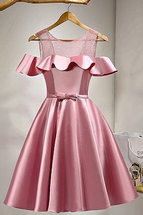 Pink Satin Short Off Shoulder Bowknot Prom Dress