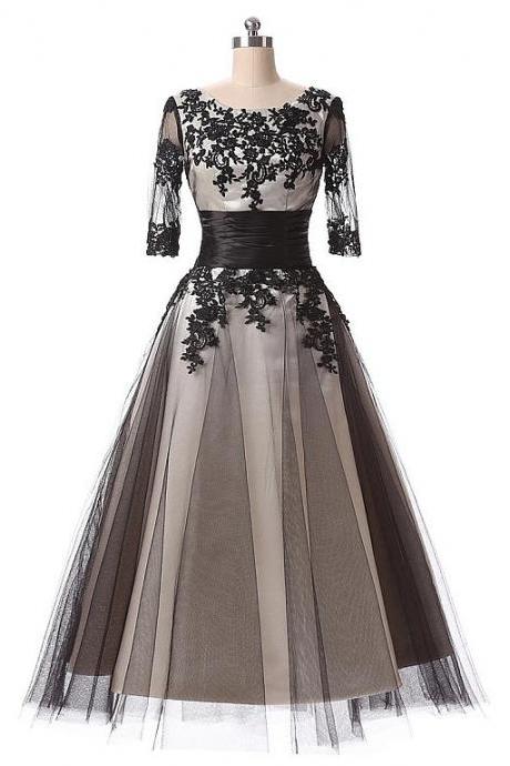 In Stock Elegant Tulle Scoop Neckline A-line Tea-length Prom Dresses