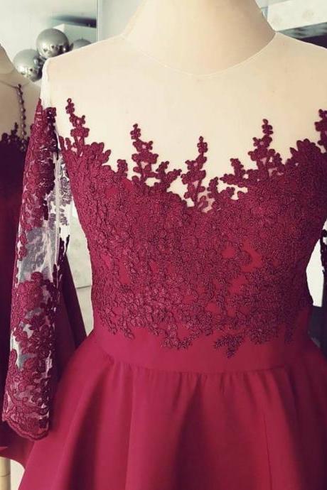 Burgundy High Low ,applique 3/4 Sleeves ,lace Homecoming Dress,short Prom Dress,formal Gowns,custom Made , Fashion
