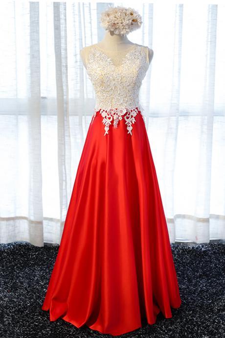 Red satin long lace appliqués prom dress with beading