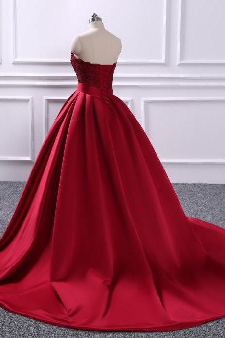 Burgundy Ball Gown Prom Dresses Satin Lace Applique Evening Gowns