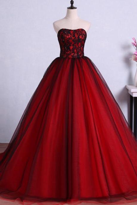 Charming Red Ball Gown Prom Dresses Tulle Sweetheart Evening Gowns With Lace Bodice