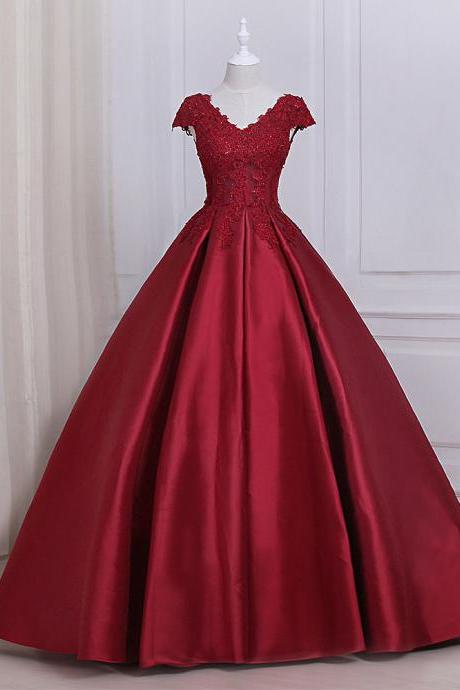 Burgundy Satin Lace Applique Prom Dresses Featuring Scoop Neckline -- Long Formal Dress