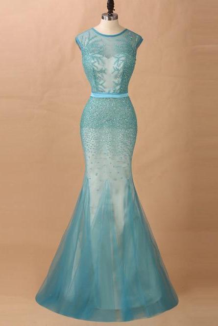 Sheer Beaded Mermaid Long Prom Dress, Evening Dress