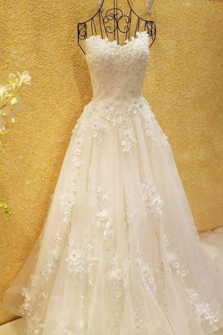 Long Wedding Dress, Backless Wedding Dress, Applique Backless Wedding Dress, Sweet Heart Bridal Dress