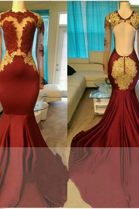 Appliqued Illusion Bodice Long Sleeves Mermaid Prom Dress With Open Back