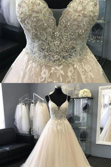 Elegant Spaghetti Straps White Wedding Dresses Bridal Gowns With Appliques Pearls