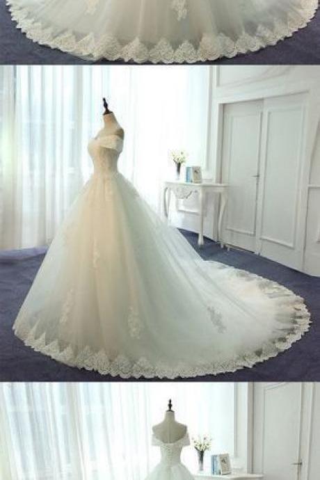 Off The Shoulder Lace Up Back Charming Lace Bridal Long Wedding Dresses