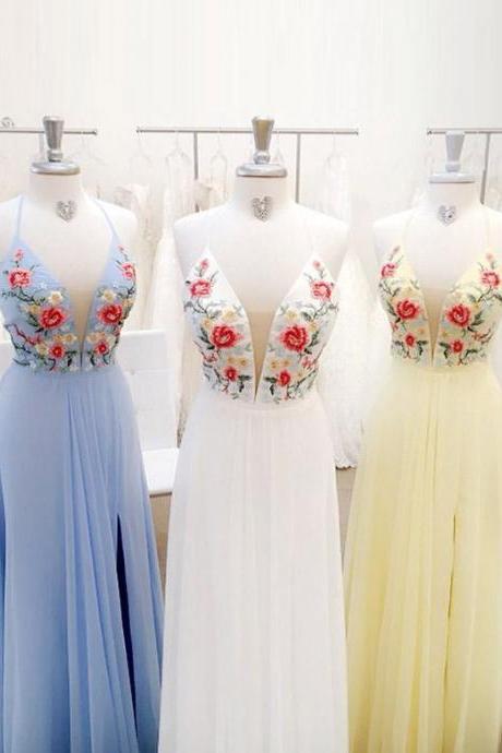 A-line Spaghetti Strap Long Prom Dress With Embroidery