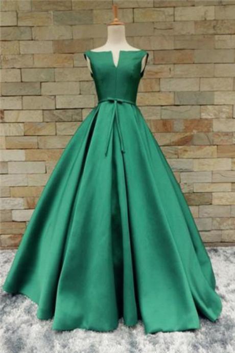 Green Satin Long V Neckline Senior Prom Dress With Bowknot Qprom