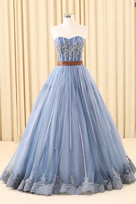 Blue Sweetheart Neckline Long Tulle Prom Dress With Beading Qprom