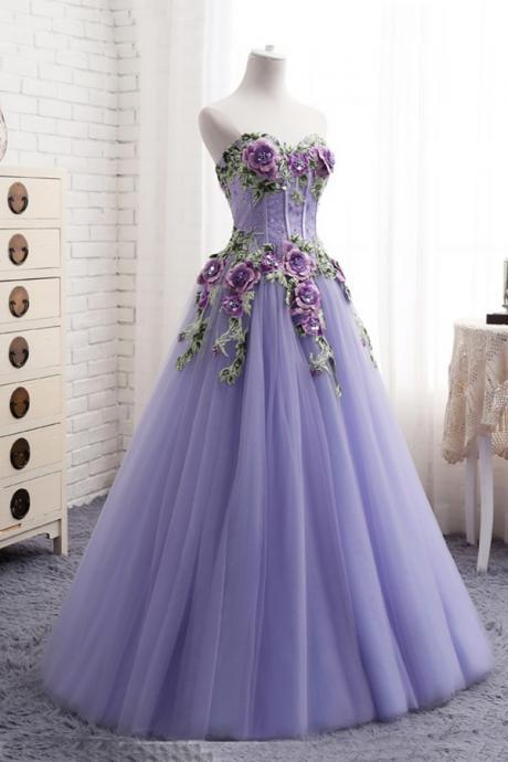 Sweetheart Lavender Tulle Long 3d Flower Evening Dress, Senior Prom Dress