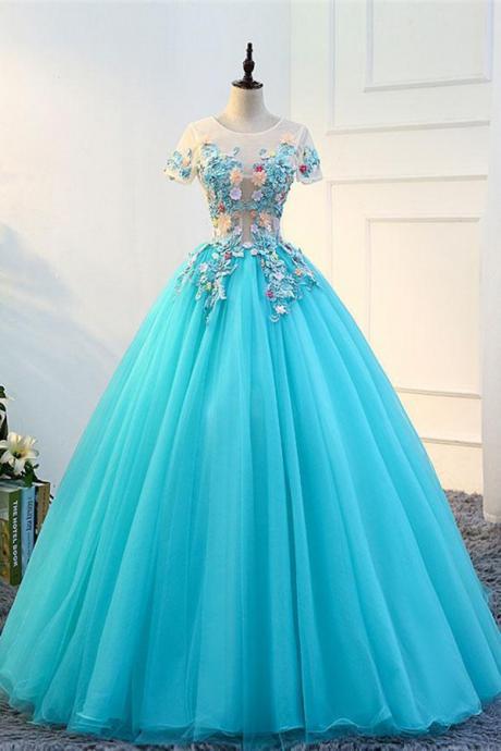 Blue Tulle Long Round Neck Evening Dress, Long See Through Formal Prom Dress