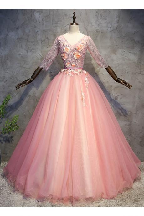 Lace, Pink, V-neck Wedding Dresses Fashion Prom Dresses
