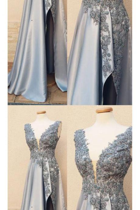 A-line V Neck Silver Prom Dress With Silt Modest Lace Prom Dresses Long Evening Dress