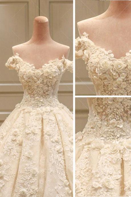 Amazing / Unique Champagne Wedding Dresses Ball Gown Lace Flower Backless Tulle Sweetheart Short Sleeve Hall