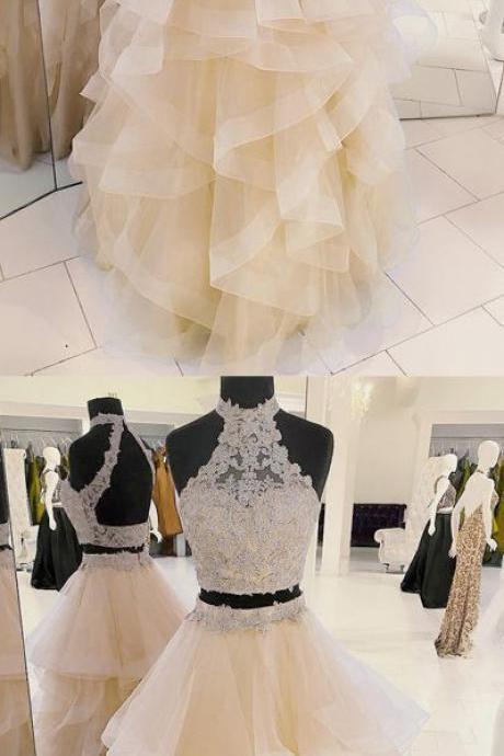 Two-piece Halter Champagne Tulle Long Prom/evening Dress With Appliques