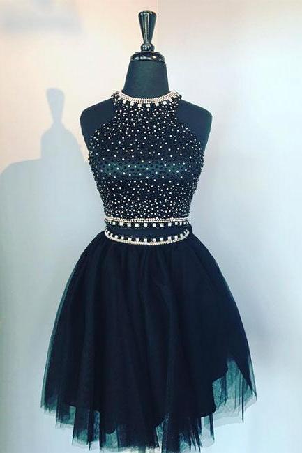 Two Piece Black Tulle Short Prom Party Dress 