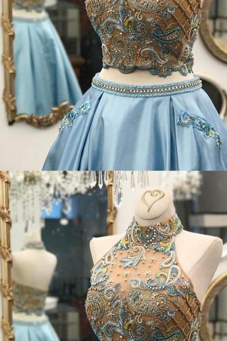 Blue Prom Dress Rhinestone A-line Halter Beautiful Long Prom Dress/evening Dress