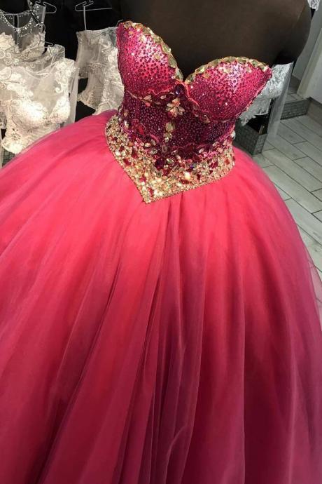 Stunning Ball Gown Arabian Prom Dresses 2018 Sweetheart Neckline Beaded Puffy Long Red Prom Gowns Sexy Sheer Corset Women Formal Occasion Dress