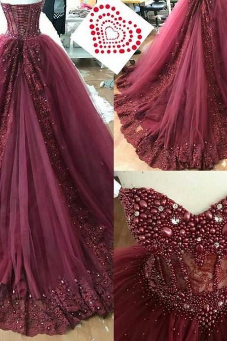 Boned Sweetheart Bridal Dresses with Luxury Crystal,Burgundy Lace Appliques Court Train Prom Dresses,Small Pearls Beaded Bridal Dresses