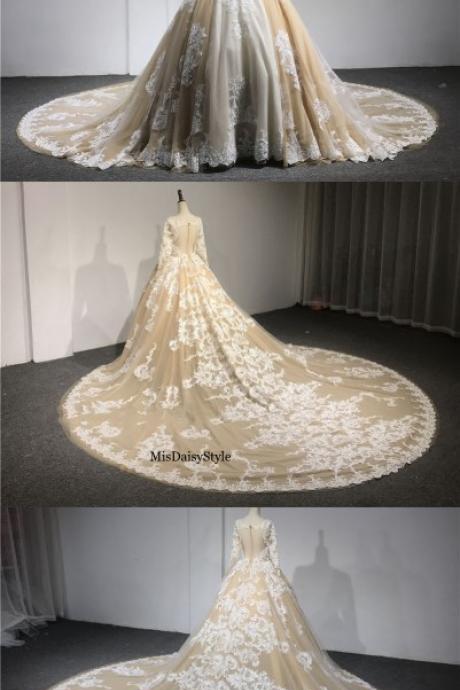 Ball Gown Champagne Wedding Dress,long Sleeves Lace Wedding Dresses