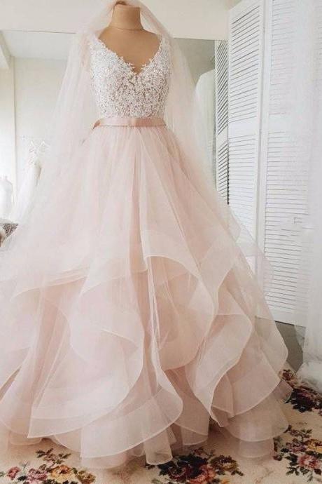 V-neckline Blush Wedding Dress,high Quality Lace Bridal Dress,tiered Skirt Wedding Gown