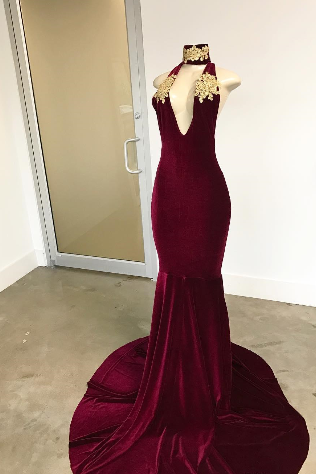 Burgundy Velvet Prom Dresses,High Neck Sexy Prom Dress,Hollow Out Mermaid Prom Dresses,Sleeveless Backless Evening Gowns,Gold Lace Appliqued Prom Dresses