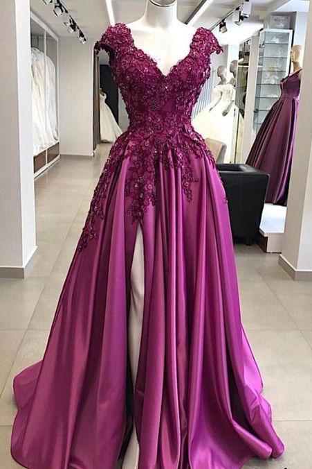 A Line Satin Prom Dresses,sexy V Neck Prom Dress,lace Appliques Evening Dresses,formal Gowns