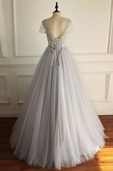 Gray V Neck Tulle Lace Long Prom Dress, Gray Evening Dress