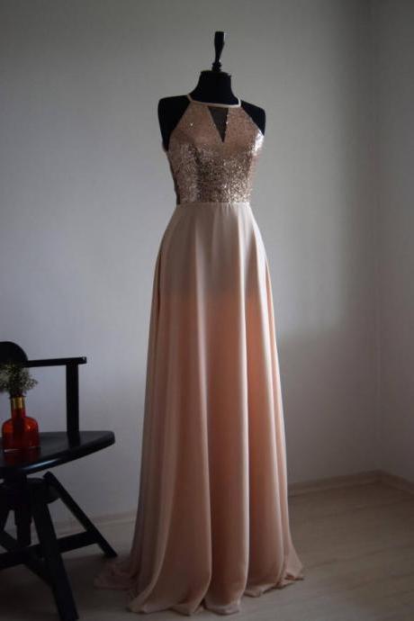 Halter Cutout Sequined A-line Chiffon Floor-length Prom Dress, Evening Dress