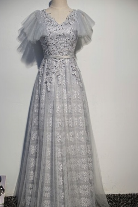 Grey, Silvery Lace Wedding Gown With Women's Sequined Party's Formal Evening Gown